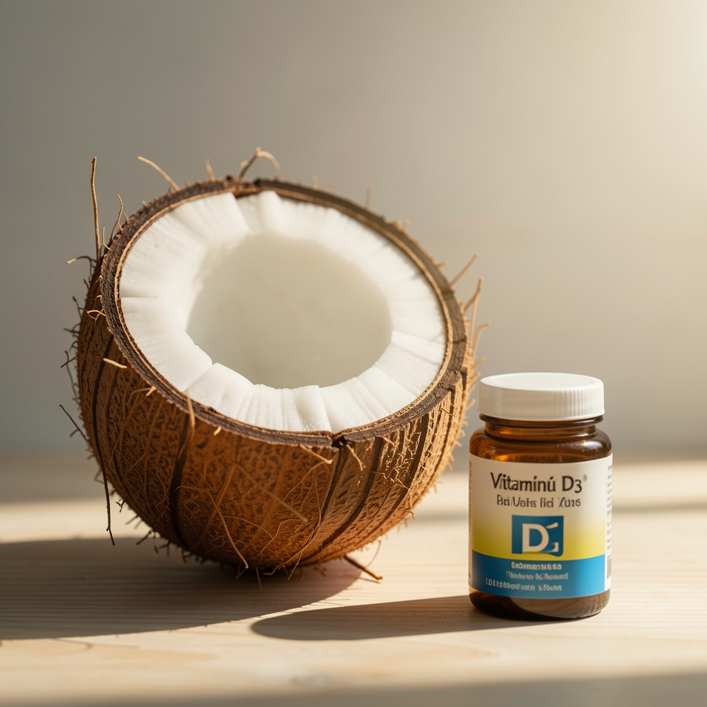 Slnečné svetlo dopadajúce na kokos a malé balenie vitamínu D3