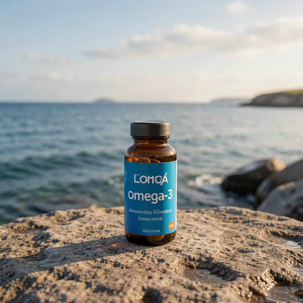 Morská krajina a fľaštička s označením omega-3 v pokojnej kompozícii