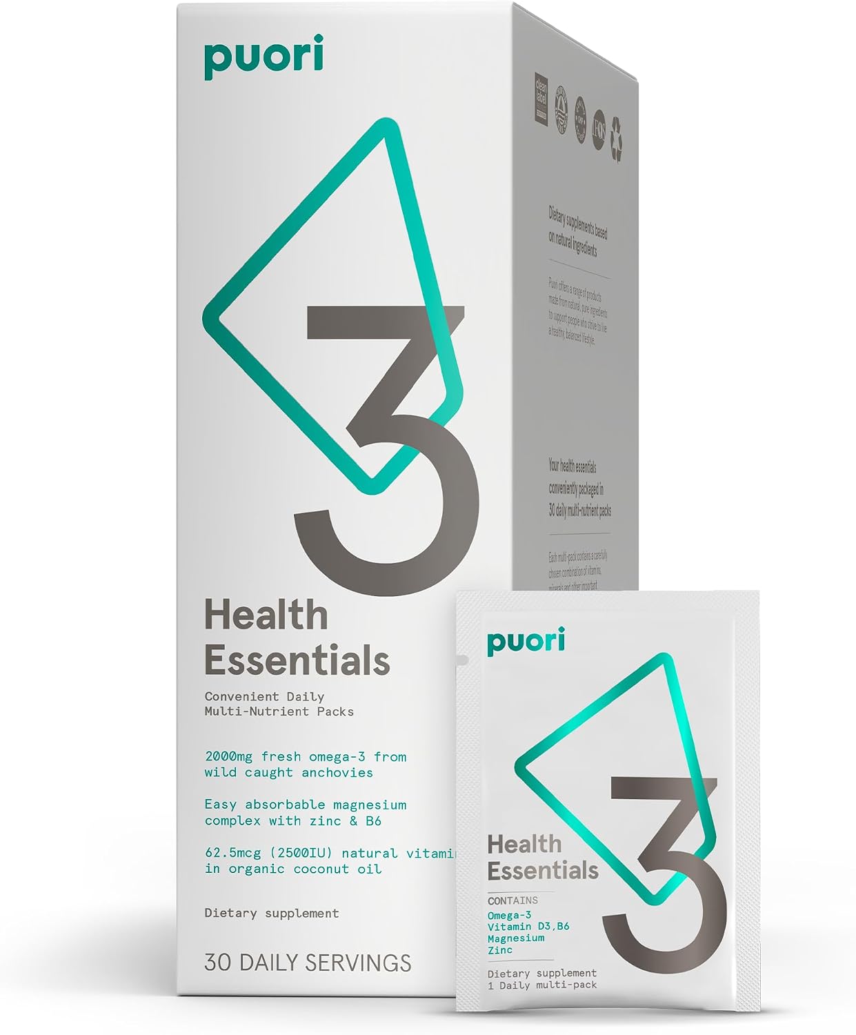 Puori P3 Health Essentials v elegantnom balení na svetlom stole s neutrálnym pozadím